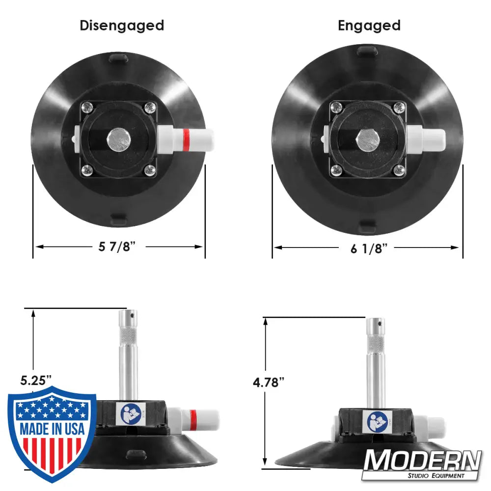 6-inch suction cup with 5/8-inch baby pin, 1/4-inch thread, for film grip rigging by Wood's Powr Grip showing disengaged and engaged states