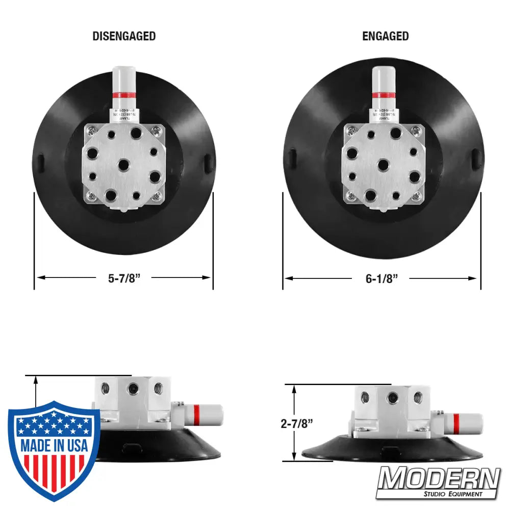 6-inch suction cup with multi-thread block in disengaged and engaged positions for film grip rigging solutions.