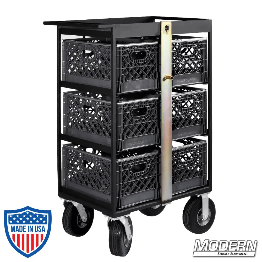 Steel 6 Place Milk Crate Cart with locking bar and six crates, featuring four foam-filled wheels for easy mobility, ideal for film grip rigging