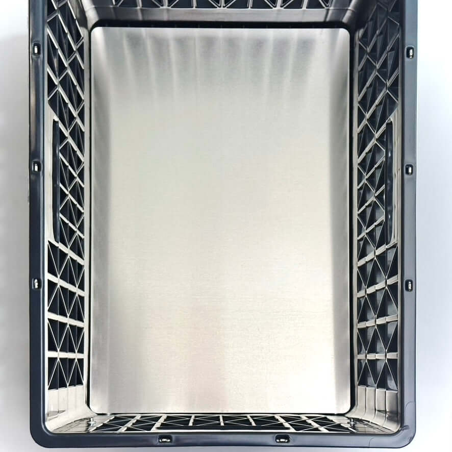 Heavy duty milk crate with removable aluminum Crate Plate for film grip rigging to prevent items from falling through the bottom.