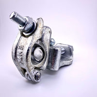 Swivel SK Gravlok Clamp for securing 1 1/4"-1 1/2" pipes to steel beams, essential for film grip and rigging applications.