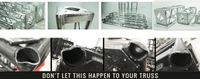Collage of aluminum utility truss and damaged trusses with text "Don't let this happen to your truss"