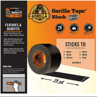 Gorilla Black Duct Tape, 2.88-inch x 25yd, double thick adhesive with strong reinforced backing and all-weather shell for film grip and rigging