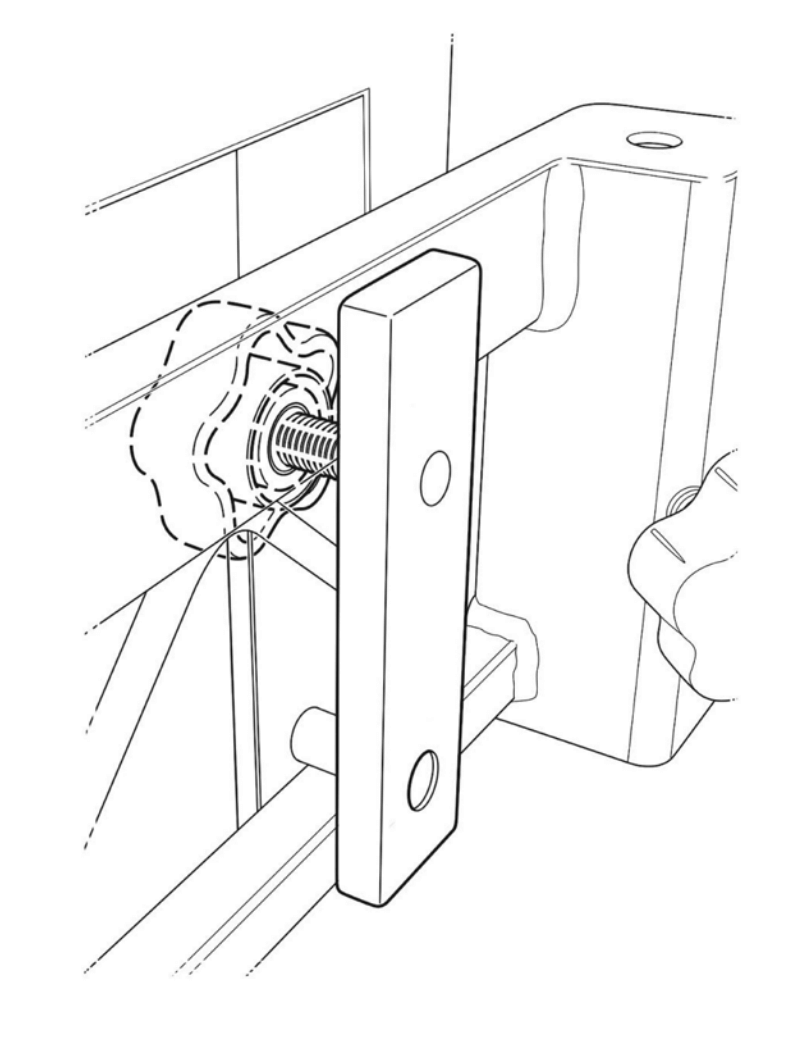 Guardrail backplate with bolt securing guardrails on SteelDeck platform truss, zinc-plated steel plate for film rigging.