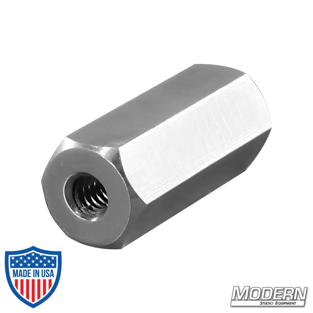 Aluminum adapter with 1/4" female thread to 3/8" female thread for film grip and rigging.