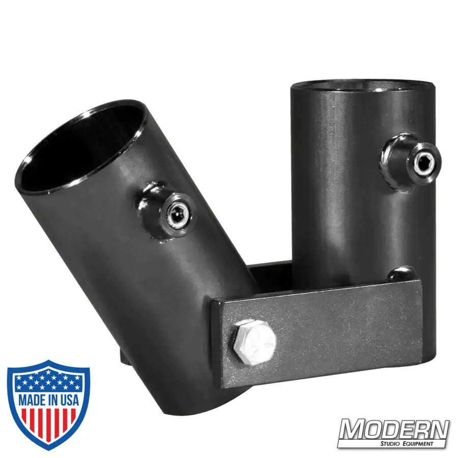 Adjustable angle pipe receiver for 1-1/2-inch Speed-Rail in black zinc, ideal for film grip and rigging.