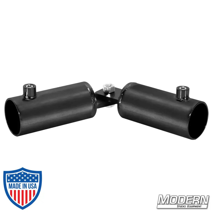 Adjustable Corner fitting for 1-1/4-inch Speed-Rail® in black zinc with set screws, used for creating adjustable angles in film grip rigging.