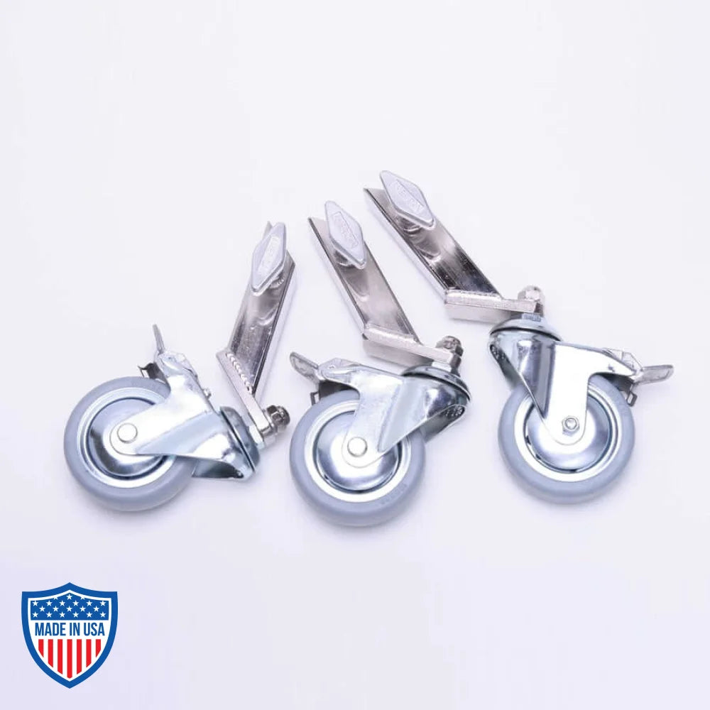 American 1" leg adaptor wheels set of 3, 4", for film grip and rigging equipment.
