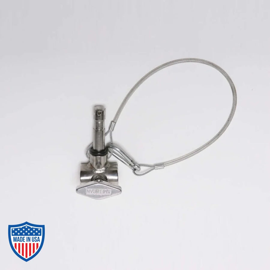 American 3/4" pipe slider with 5/8" pin and safety cable for film grip rigging.