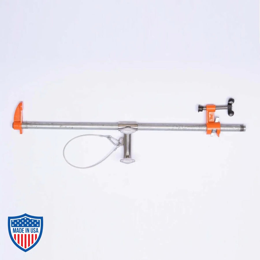 American 3/4" x 12" pipe clamp for film grip rigging, featuring orange and silver components suitable for various rigging setups