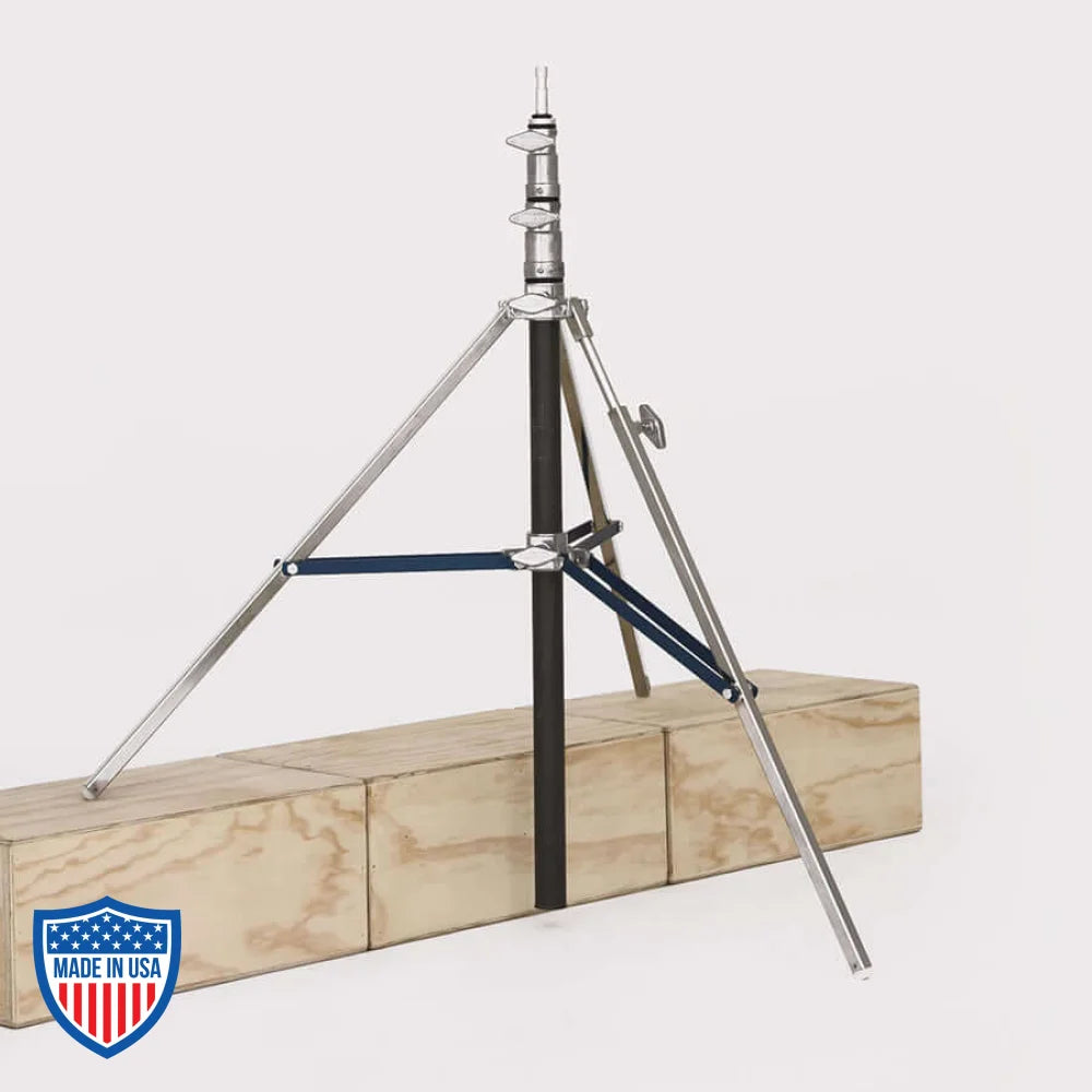 American Baby 2-Rise R/M Leg, 3/4" x 30", film grip rigging stand on wooden blocks, footprint 45"es, max height 9'4", weight 10.75 lbs
