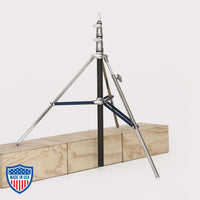 American Baby 2-Rise R/M Leg, 3/4" x 30", film grip rigging stand on wooden blocks, footprint 45"es, max height 9'4", weight 10.75 lbs
