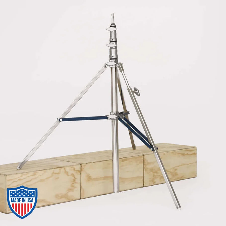 Steel risers stand for film grip and rigging on a wooden base, showing the American Baby 2-Rise R/M Leg 3/4" x 30" product.