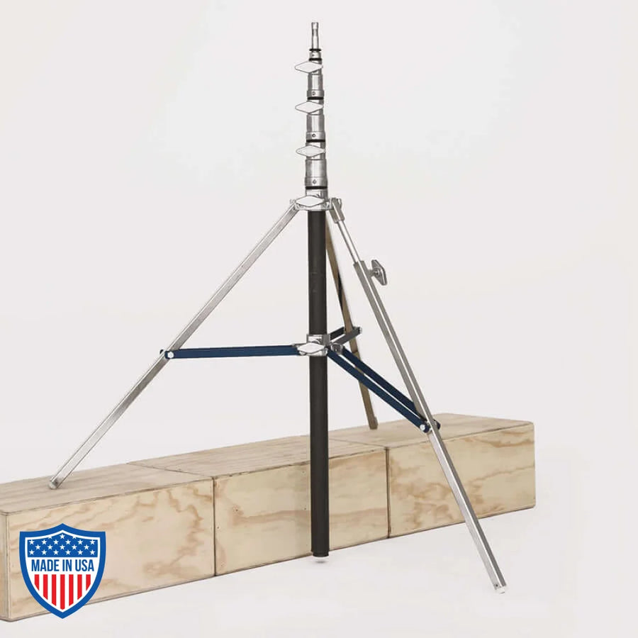 American Baby 3-Rise R/M leg grip rigging stand for film, adjustable height from 44" to 12'5", footprint 45", 12.25 lbs weight