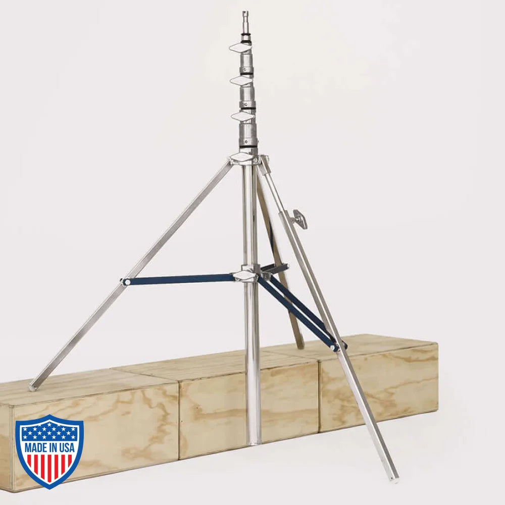 American Baby 3-Rise Steel Riser for film grip rigging, 3/4" x 30", max height 12'5", on wooden blocks.