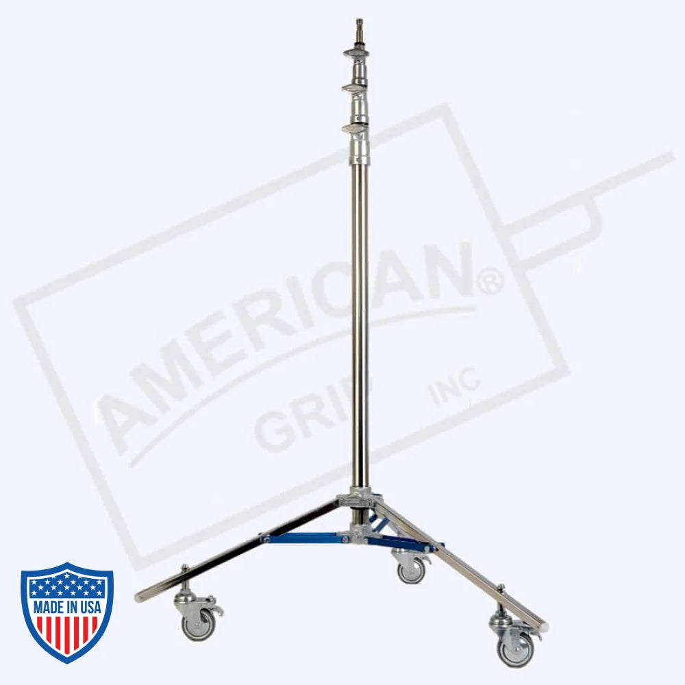 American Baby Roller 2-Rise steel leg rigging stand for film grip, adjustable height with steel risers, 20" leg base.