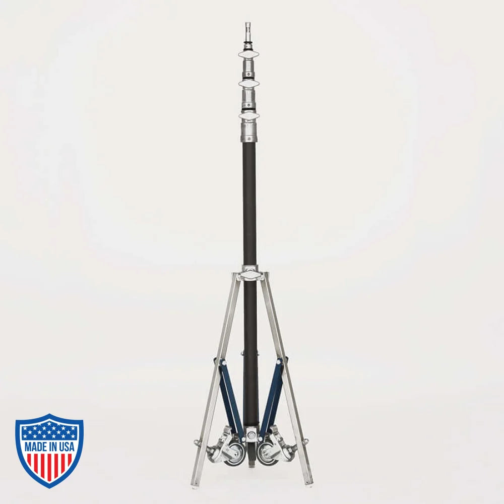 American Baby Roller 3-Rise 3/4" x 24" Leg stand for film grip and rigging, adjustable height, with wheels for easy mobility.