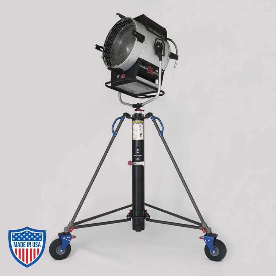 American BlackBird 220 crank stand for film grip rigging, min height 6', max height 17'10", with 8' footprint and 180 lbs weight