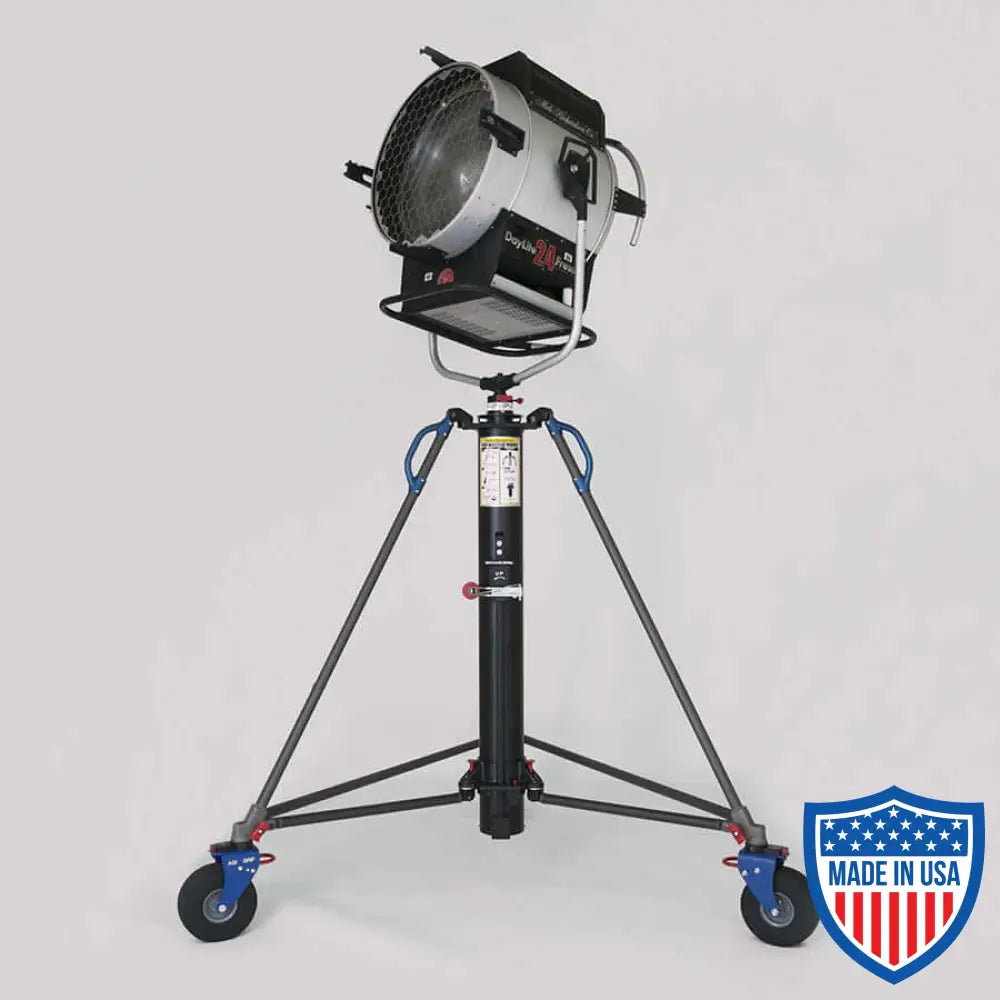 American BlackBird 220 crank stand for film grip rigging, min height 6', max height 17'10", with 8' footprint and 180 lbs weight