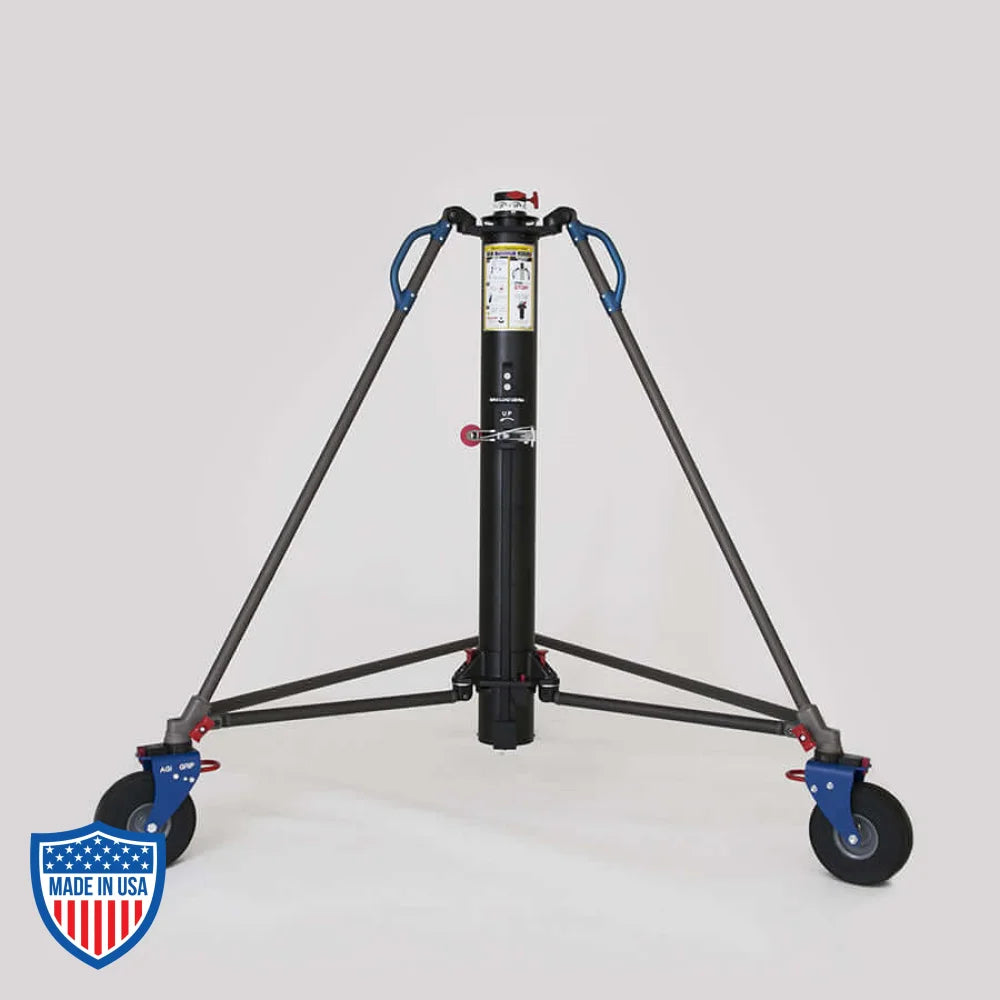 American BlackBird 220 crank stand for film grip and rigging with an 8-foot footprint and adjustable height on wheels