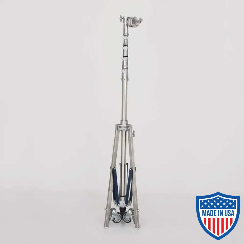 American H/D High Roller 4-Rise stand, ideal for film grip and rigging, 1-1/4 in. x 36 in. leg, min height 6'2", max height 22'2".