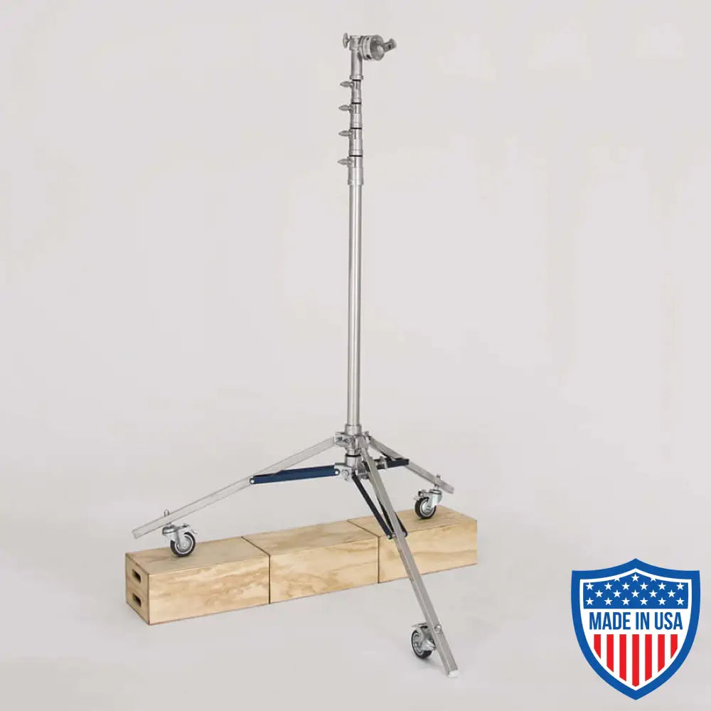 American H/D High Roller 4-Rise 1-1/4-inch x 36-inch leg rigging stand for film grip with adjustable height on wheels