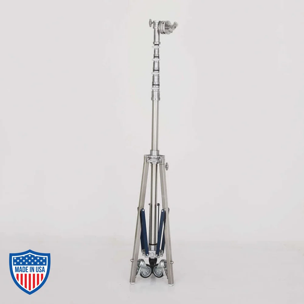 American H/D High Roller 4-Rise stand, ideal for film grip and rigging, 1-1/4 in. x 36 in. leg, min height 6'2", max height 22'2".
