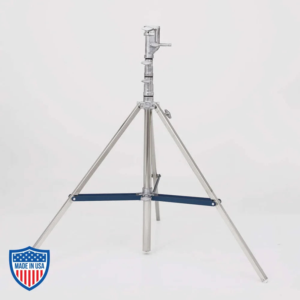 American Heavy Duty Combo 2-Rise R/M Leg 1" x 42" film grip rigging stand, providing adjustable support from min height 4'2" to max height 11'3".