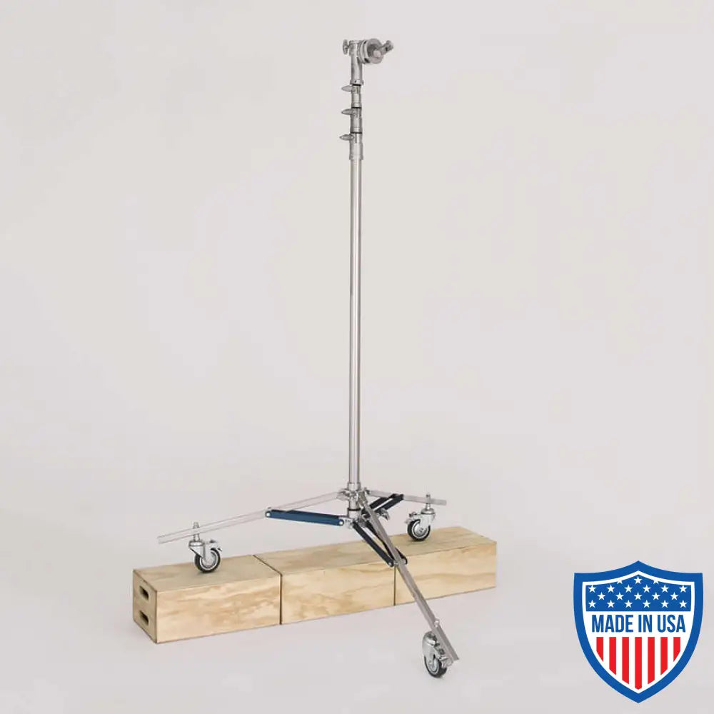 American High - High Roller 3-Rise Jr.Grip Head R/M Leg film grip and rigging equipment, extending tripod stand on wheels.