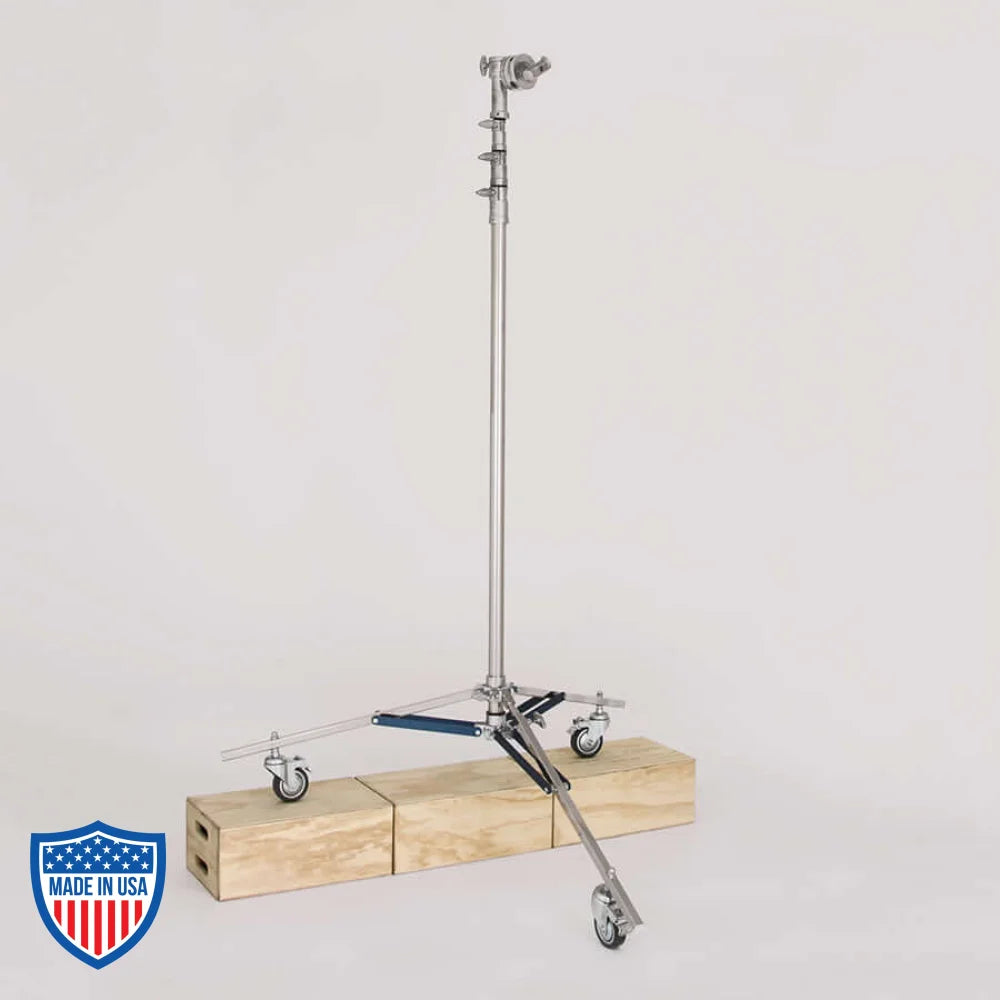 American High - High Roller 3-Rise Jr.Grip Head R/M Leg film grip and rigging equipment, extending tripod stand on wheels.