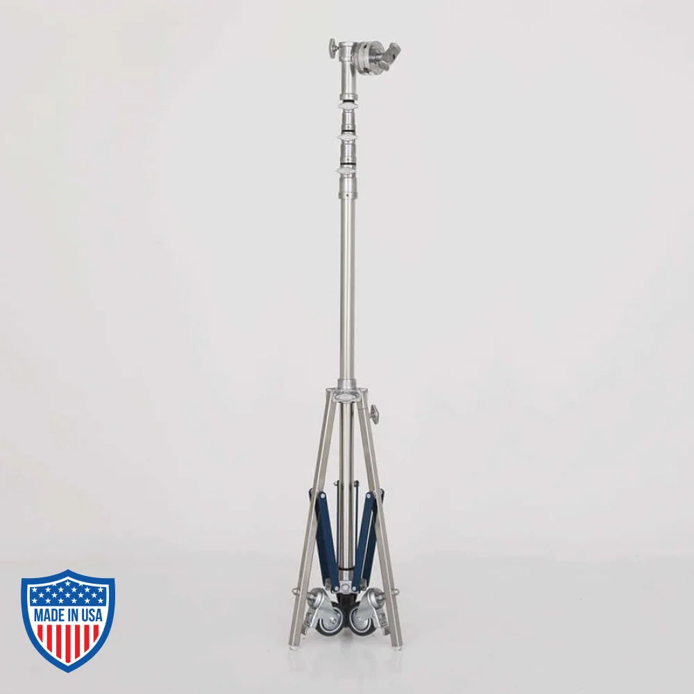 American High Roller 3-Rise Jr. Grip Head R/M Leg tripod for film rigging, fully extended with sturdy high-quality build.