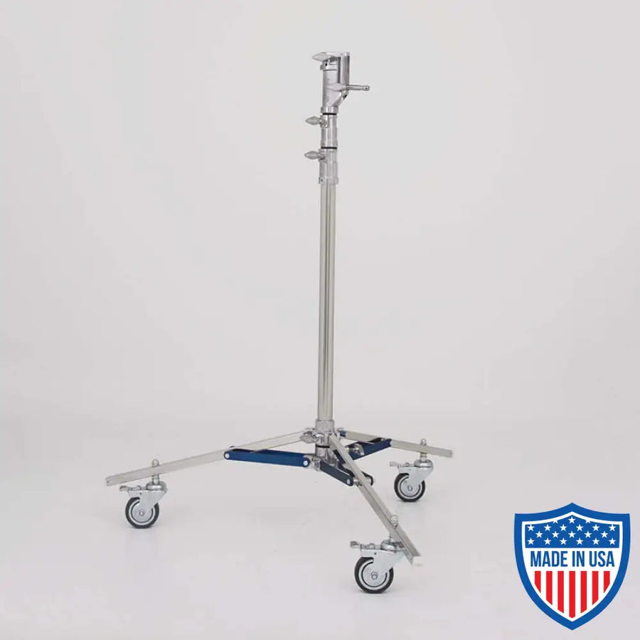 American Jr. Roller 2-Rise 1-inch x 25-inch R/M Leg for film grip and rigging with adjustable height and sturdy base on wheels.