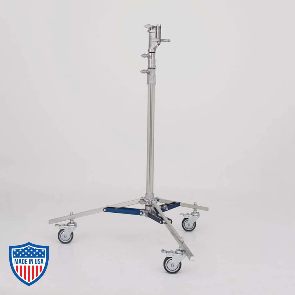 American Jr. Roller 2-Rise 1" x 25" R/M Leg for film grip and rigging with adjustable height and sturdy base on wheels.