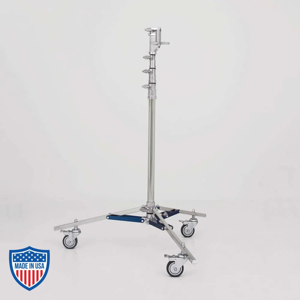 American Jr. Roller 3-Rise 1" x 25" R/M Leg used for film grip and rigging, max height 13'6" on sturdy caster wheels.