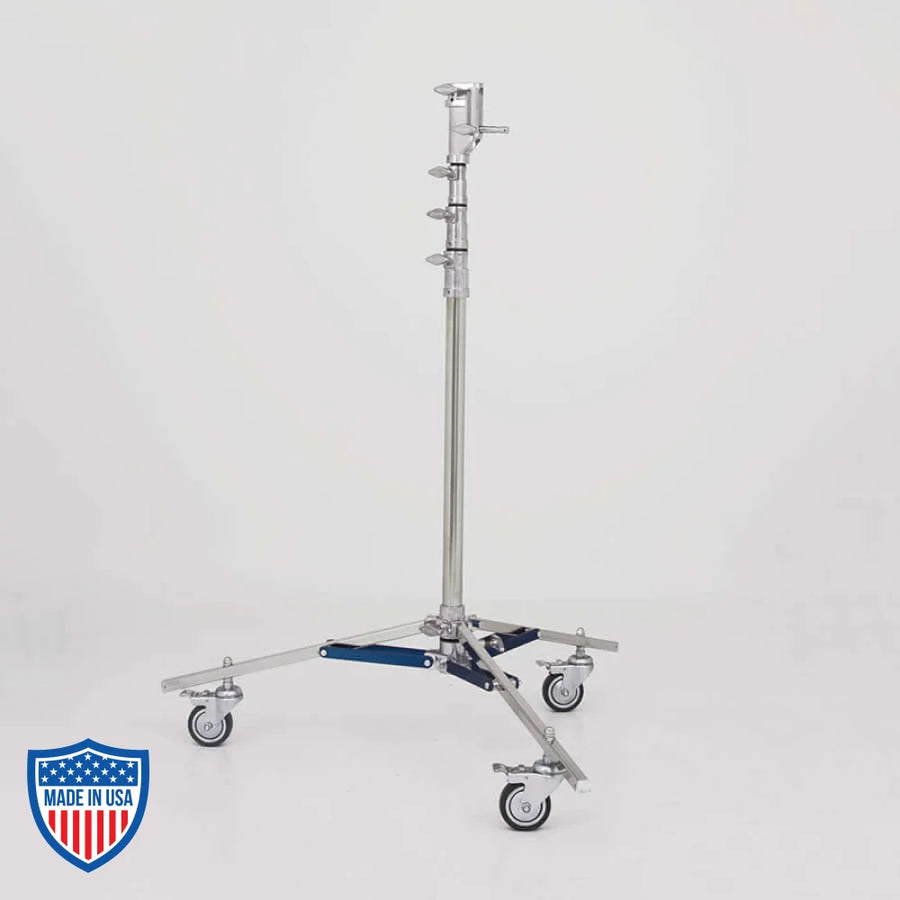 American Jr. Roller 3-Rise 1" x 25" R/M Leg used for film grip and rigging, max height 13'6" on sturdy caster wheels.