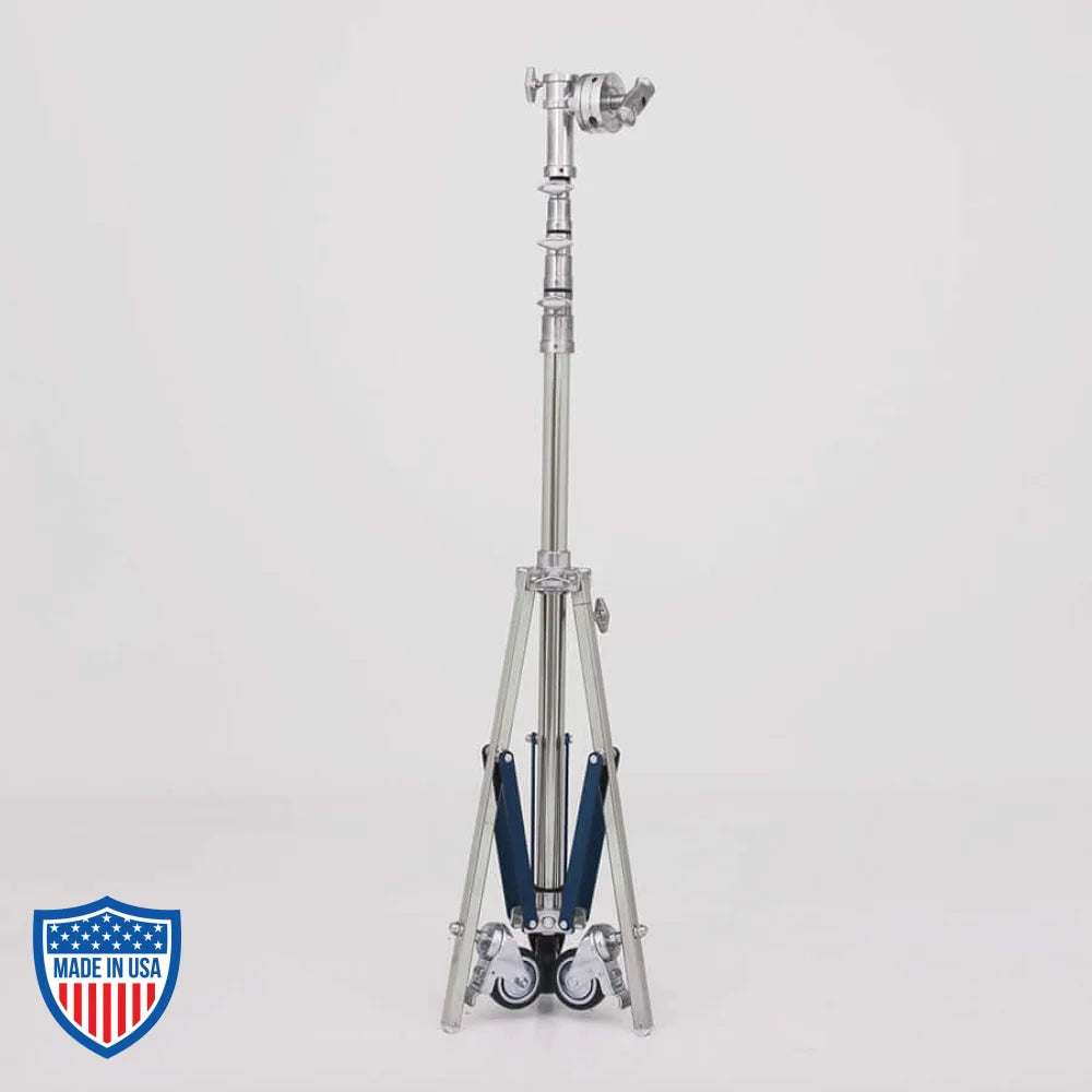 American Medium Roller 3-Rise Jr. Grip Head R/M Leg for film rigging with 5' footprint. Min height 5'4", max height 15'5". Weight 40 lbs.