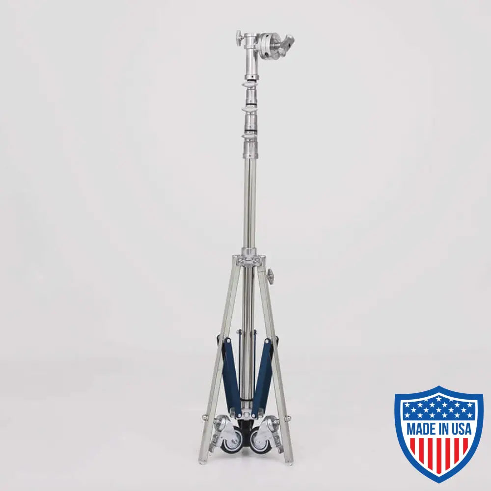 American Medium Roller 3-Rise Jr. Grip Head R/M Leg for film rigging with 5' footprint. Min height 5'4", max height 15'5". Weight 40 lbs.