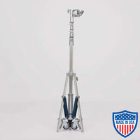 American Medium Roller 3-Rise Jr. Grip Head R/M Leg for film rigging with 5' footprint. Min height 5'4", max height 15'5". Weight 40 lbs.