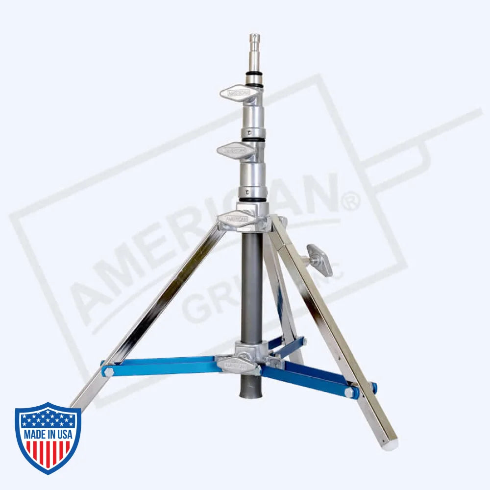 American Mini Baby 2-Rise leg stand for film grip and rigging, adjustable height, sturdy metal construction, and compact design.