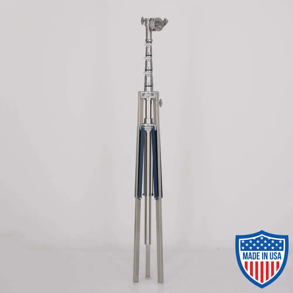 American Mombo Combo 3-Rise R/M Leg 1-1/4-inch x 54-inch film grip rigging stand with a 6'8" footprint, min height 5'4", max 19'1".