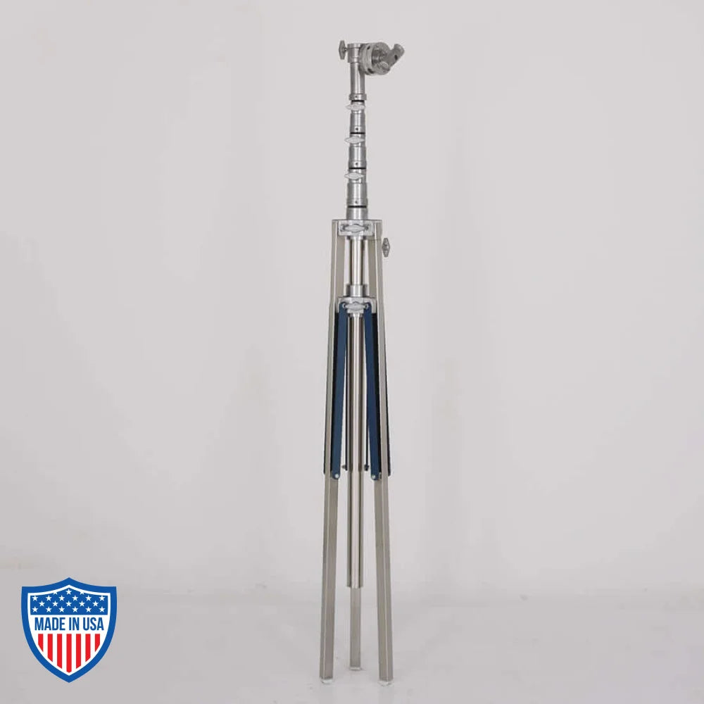 American Mombo Combo 3-Rise R/M Leg 1-1/4" x 54" film grip rigging stand with a 6'8" footprint, min height 5'4", max 19'1".