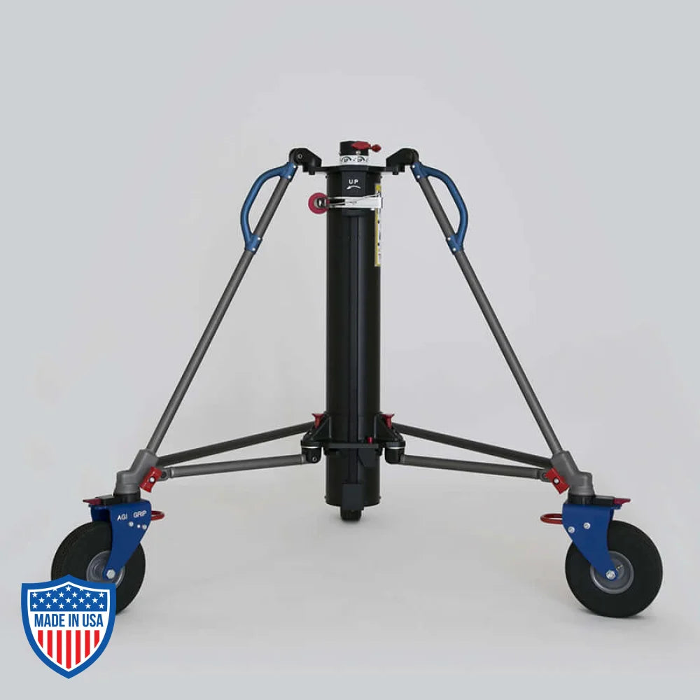 American Roadrunner 220 crank stand for film grip rigging, with a footprint of 6'2", adjustable height, and a weight of 145 lbs.
