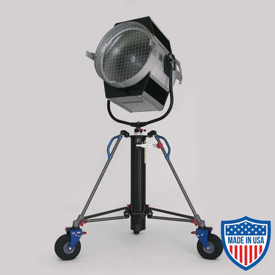 American Roadrunner 220 crank stand for film grip and rigging with adjustable height and wheeled base.