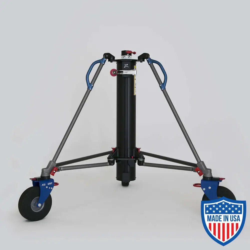 American Roadrunner 220 crank stand for film grip rigging, with a footprint of 6'2", adjustable height, and a weight of 145 lbs.