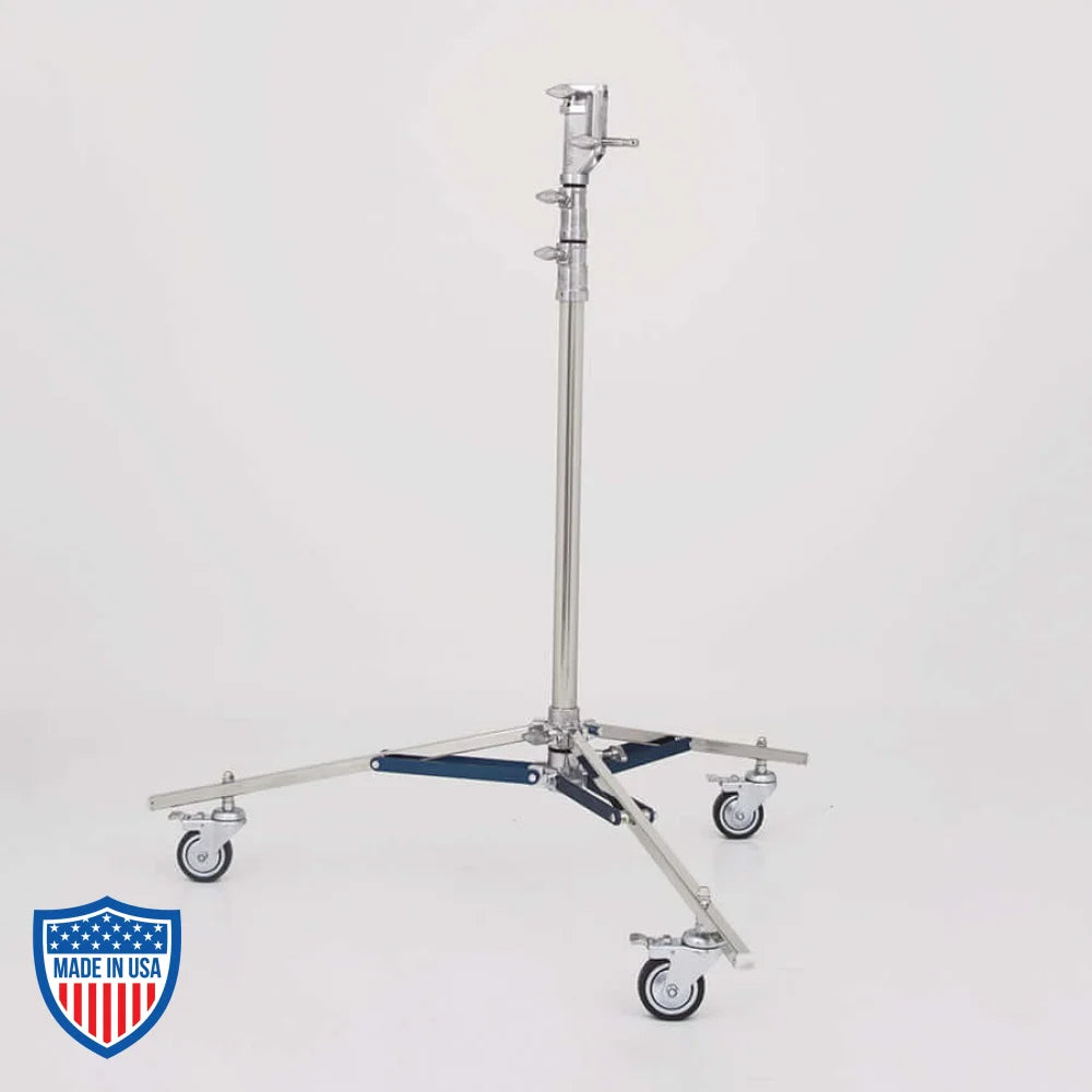 American Sr. Roller 2-Rise 1" x 29 1/4", film grip rigging stand, footprint 5', min height 4'8", max height 11'1", weight 32 lbs.