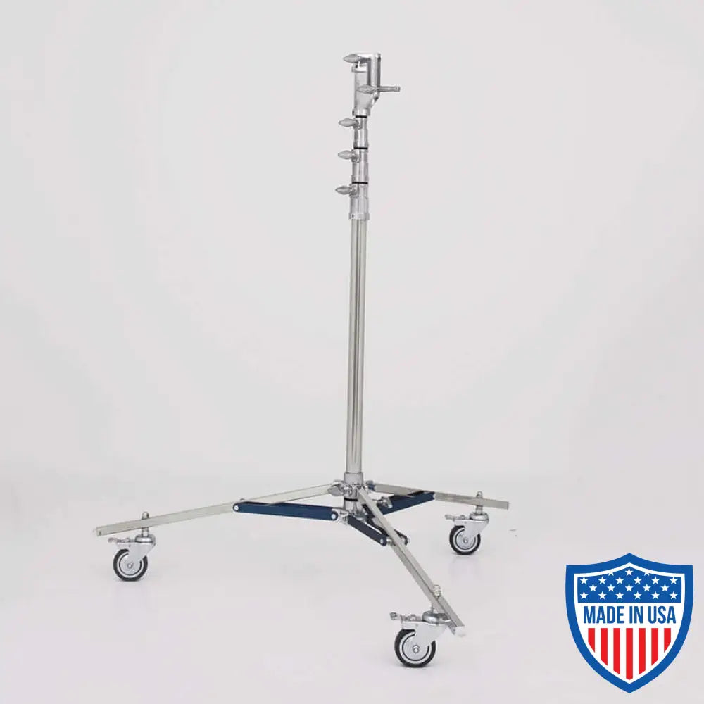 American Sr. Roller 3-Rise rigging stand with adjustable height, 1-inch leg, and wheels for film grip support.