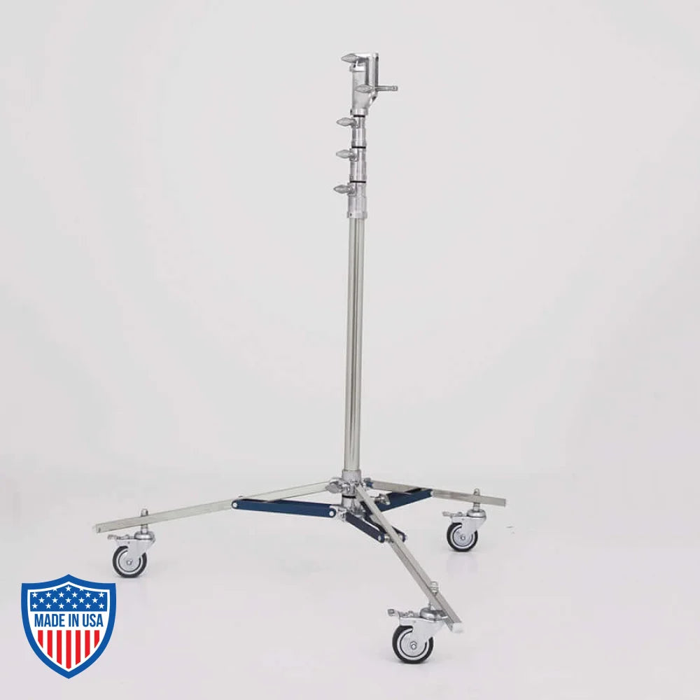 American Sr. Roller 3-Rise rigging stand with adjustable height, 1" leg, and wheels for film grip support.