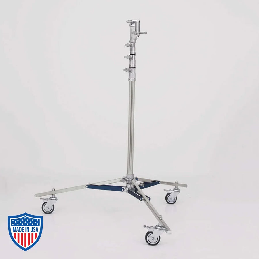 American Sr. Roller 3-Rise rigging stand with adjustable height, 1" leg, and wheels for film grip support.