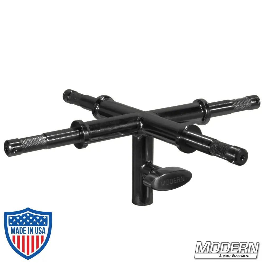 Baby 4-Way Adapter in Black Zinc with four 5/8" receivers for film grip rigging.