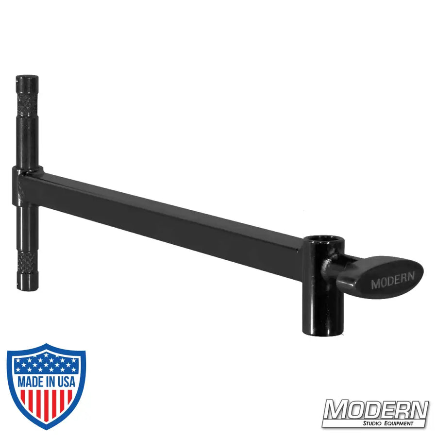 Black Zinc Baby Offset Arm with 14" length, featuring a male 5/8" pin and female 5/8" receiver, ideal for film grip and rigging.